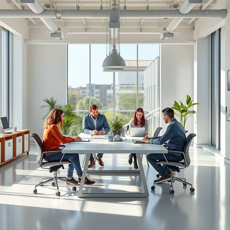 A modern, bright office space at Inspire Creative Studio, featuring team members collaborating around a large table.